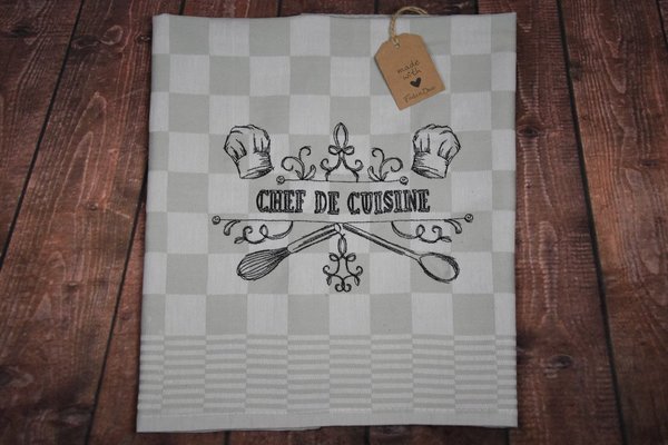 Geschirrtuch Baumwolle kariert Stickbild "Chef De Cuisine"