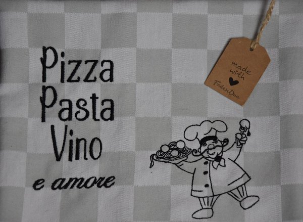 Geschirrtuch Baumwolle kariert Stickbild "Pizza Pasta Vino"